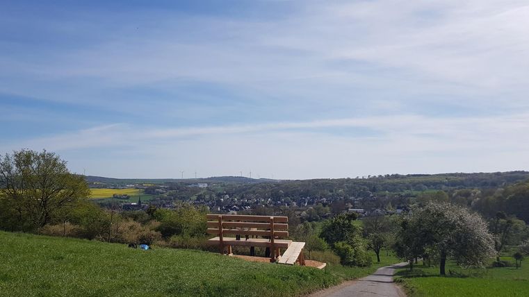 Een schilderachtig landschap met zachte heuvels en blauwe lucht. Op de voorgrond staat een houten gebouw, omringd door weilanden en bomen.