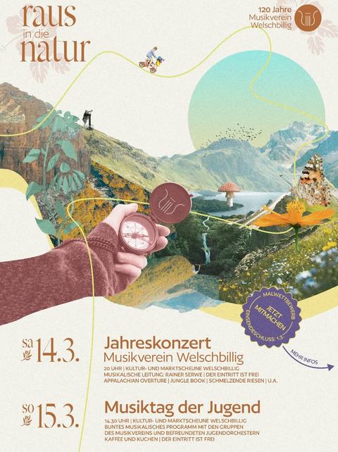 A colorful poster with a nature theme that announces events of the Welschbillig Music Society. It features a beautiful landscape with mountains, a lake, and a compass.