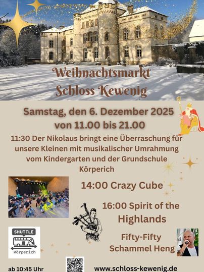 Een winterse kerstmarkt voor kasteel Kewenig met sneeuw en een feestelijke sfeer. Het evenement vindt plaats op 7 december 2024 en biedt een gevarieerd muziekprogramma.