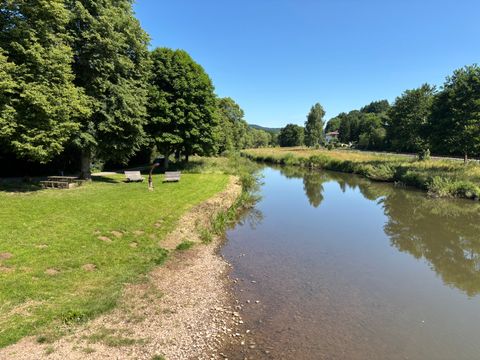Rivier met groene oever en bomen, persoon op de weide, blauwe lucht.