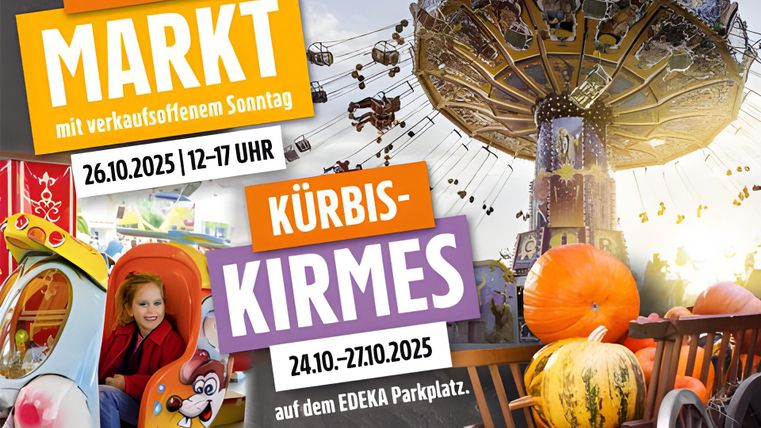 A child in the children's carousel, a chain carousel, and a wooden cart with pumpkins on it.
