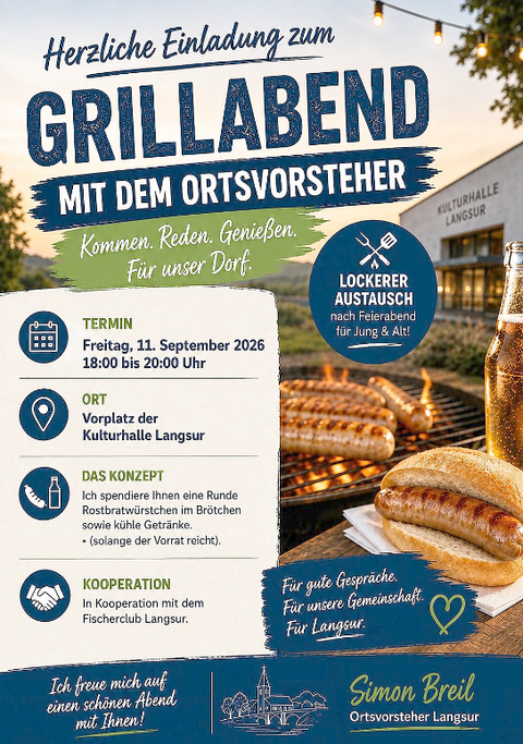 Invitation poster for a barbecue evening with the local mayor. It displays information about the date, location, and the concept of the event.