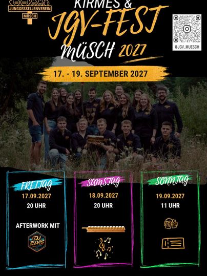 A poster for the fair and JGV festival in Müschen from September 17 to 19, 2027. It shows a group of people in a friendly environment and information about the festivities.