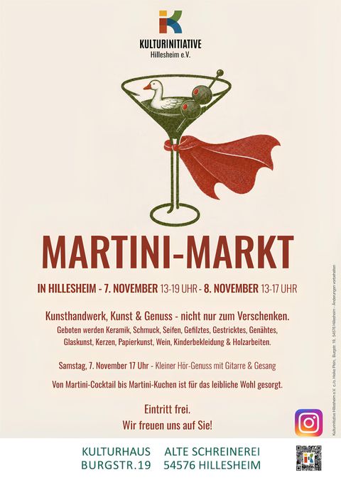 Ein bunter Flyer für den Martini-Markt in Hillesheim, der am 7. und 8. November stattfindet. Der Text hebt Kunsthandwerk, Essen und Trinken hervor und lädt zur Teilnahme ein.