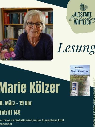 Eine Veranstaltungseinladung für eine Lesung mit Marie Kölzer. Der Termin ist am 18. März um 19 Uhr, der Eintritt kostet 14 Euro.
