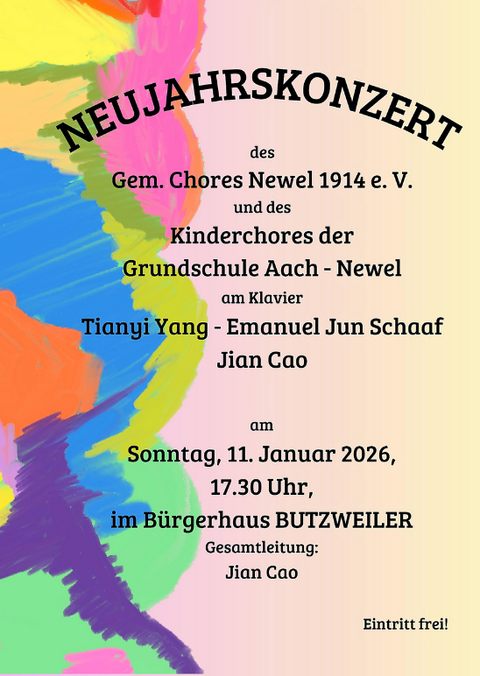 A flyer for a New Year's concert with a colorful background. The concert will take place on January 11, 2026, at the Butzweiler community center.
