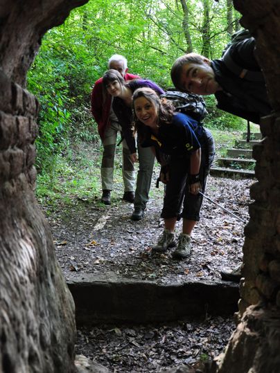 Quatre personnes regardent à travers un puits d'égout sur un chemin forestier.