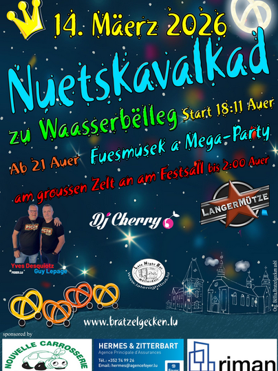 Ein farbenfrohes Festplakat für den Nuetskavalka anlässlich des Waasserbëllig. Das Event findet am 14. März 2026 statt und bietet Musik und Partystimmung.