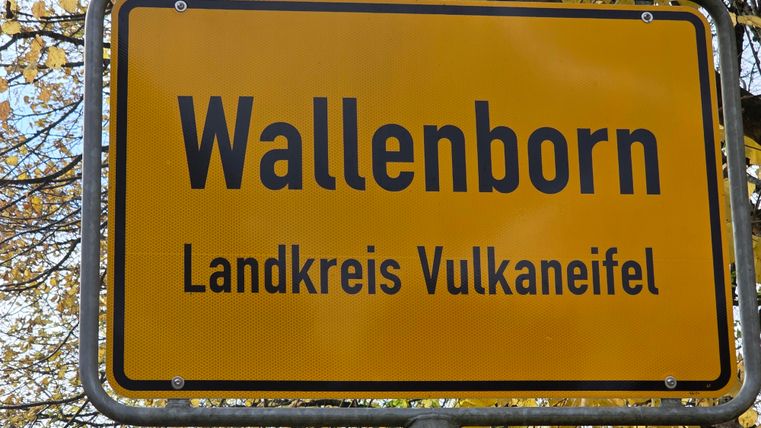 Un panneau de localité jaune avec l'inscription « Wallenborn » et « Landkreis Vulkaneifel ». Entouré de feuilles d'arbres d'automne.