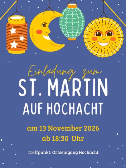 Ein buntes Einladungsposter für St. Martin mit Laternen, einem Mond und einer Sonne. Das Datum und der Treffpunkt sind deutlich sichtbar.