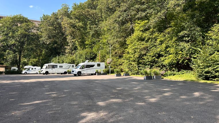 Ein ruhiger Parkplatz für Wohnmobile, umgeben von grüner Natur. Die Bäume bieten Schatten und eine angenehme Atmosphäre.