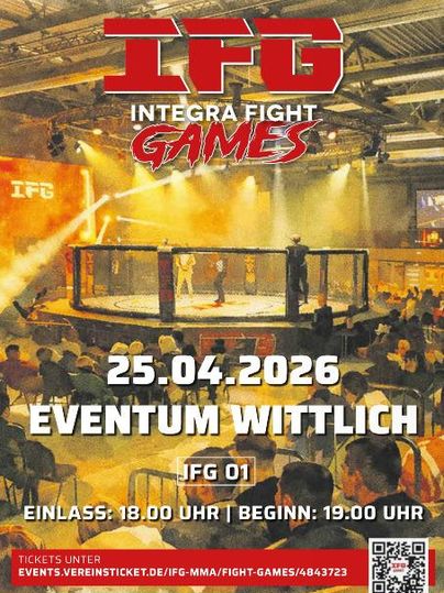 Ein aufregendes MMA-Event mit Käfig und Zuschauerbereich. Datum: 25.04.2026 im Eventum Wittlich, Einlass um 18:00 Uhr.