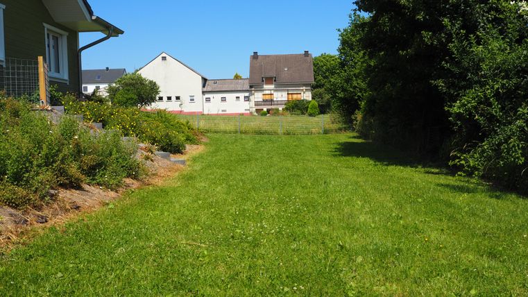 Ein grüner Garten mit kurzem Gras und einigen Büschen. Im Hintergrund sind mehrere Wohnhäuser sichtbar und der Himmel ist klar und blau.