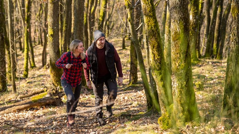 Two people are walking through a moss-covered forest.