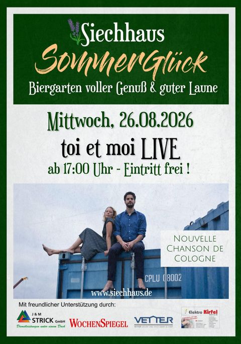 Ein Plakat für ein Sommer-Event im Biergarten mit dem Titel "SommerGlück". Daria und Marco treten am 29. Juli 2026 live auf, der Eintritt ist frei.