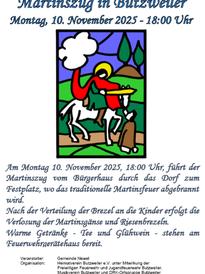 Ein Plakat für den Martinszug in Butzweiler, der am 10. November 2025 stattfindet. Es zeigt eine bunte Illustration mit einem Ritter und einem Pferd.