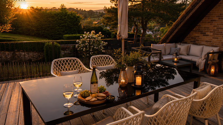 Eine elegante Terrasse mit einem großen Tisch und stilvollen Stühlen. Im Hintergrund strahlt die Sonne am Horizont und sorgt für eine gemütliche Atmosphäre.