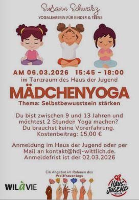 Ein Plakat für ein Mädchen-Yoga-Event im Haus der Jugend. Es zeigt zwei niedliche Mädchen in Yoga-Posen und enthält Informationen zum Datum, zur Uhrzeit und zu den Kosten.