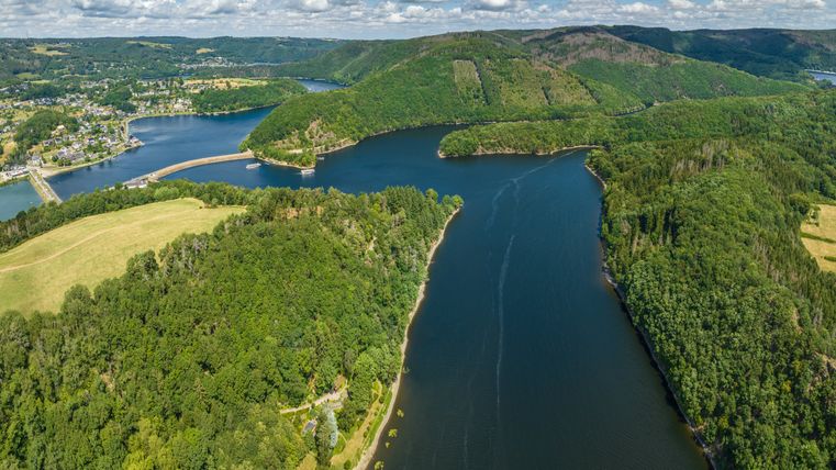 Luftaufnahme eines Sees mit bewaldeten Ufern und einer Staumauer.