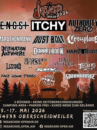 A poster for the "Resaecker Open Air 2026" featuring various band names and information about the event. The festival takes place from May 15 to 17, 2026, in Oberschneidweiler.