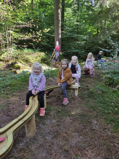 Kinder spielen auf der Waldkugelbahn im Wald.