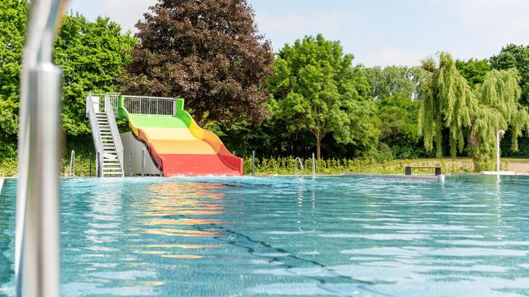 Une zone de toboggans aquatiques avec un toboggan coloré et une piscine claire. Des arbres verts entourent l'installation et créent une atmosphère détendue.