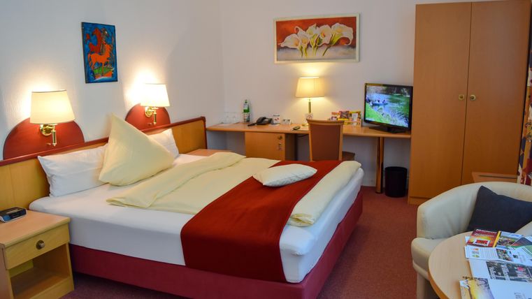 A cozy hotel room with a double bed 180x200cm for 1 person / single use.  <br/>There is a desk, a television, and a small seating area.