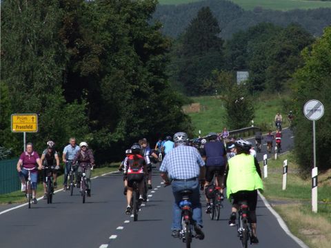 A group of cyclists is riding on a country road. Surrounded by trees and green landscape.