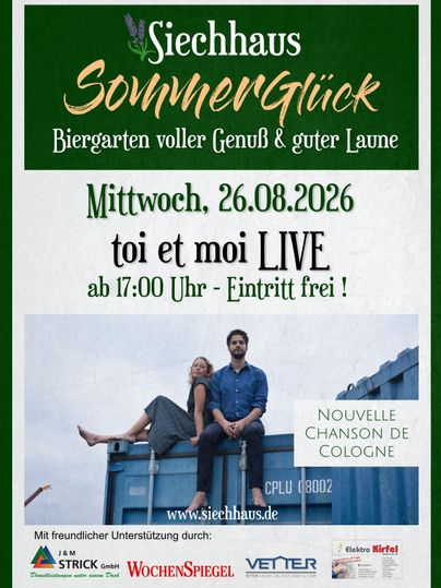 Ein Plakat für ein Sommer-Event im Biergarten mit dem Titel "SommerGlück". Daria und Marco treten am 29. Juli 2026 live auf, der Eintritt ist frei.
