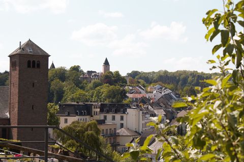 Gezicht op Kyllburg met kerktoren en huizen, omringd door bomen.