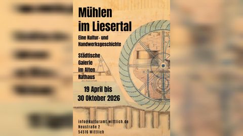 Een poster voor de tentoonstelling "Molens in het Liesertal". De gebeurtenis toont cultuur- en ambachtsgeschiedenis en vindt plaats in de stedelijke galerie in het oude stadhuis.