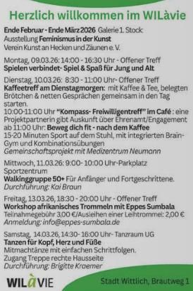 Eine Übersicht von Veranstaltungen im WILàvie in Wittlich. Das Bild enthält Informationen zu Ausstellungen und Treffpunkten für verschiedene Aktivitäten.