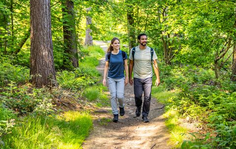 Mann und Frau wandern durch einen Wald