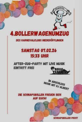 Une affiche pour la 4ème parade de chariots à bras du club de carnaval de Niederöfflingen. Elle présente des informations sur la date, l'heure et une fête après la parade avec de la musique live.