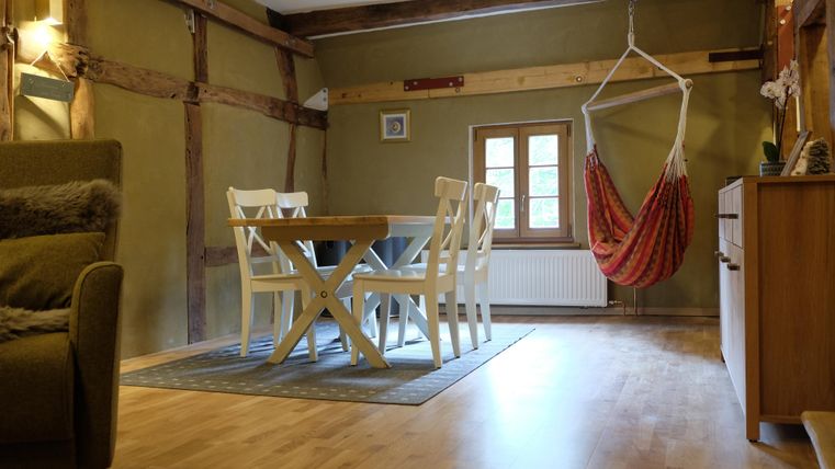 Ein gemütlicher Wohnraum mit einem Tisch und Stühlen sowie einer hängenden Liege. Die Wände sind in einem warmen Farbton gehalten und Holzdetails verleihen dem Raum ein rustikales Flair.