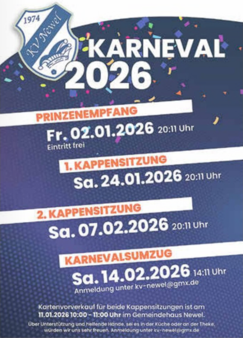 Een poster voor de carnaval 2025 met informatie over drie evenementen. Datum, tijd en inschrijfdetails zijn duidelijk zichtbaar.