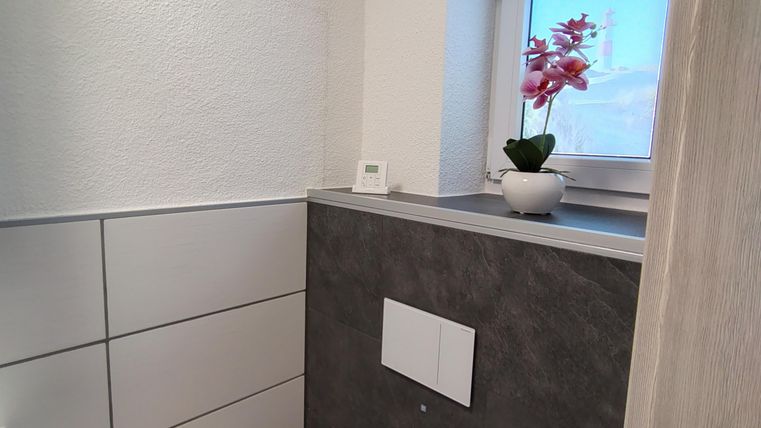 De rechterkant van de moderne badkamer met een toilet en een raam. Op de vensterbank staat een orchidee in een pot.