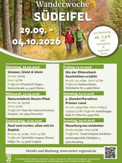 Een informatieposter voor de wandelweek in de Südeifel van 29 september tot 4 oktober 2026. Het toont verschillende evenementen en activiteiten die tijdens deze week worden aangeboden.