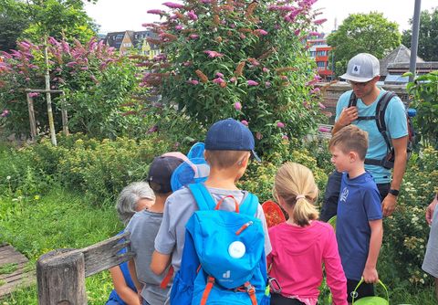 Eine Gruppe von Kindern steht in einem Garten und beobachtet Pflanzen. Ein Erwachsener erklärt etwas zu den Pflanzen im Hintergrund.