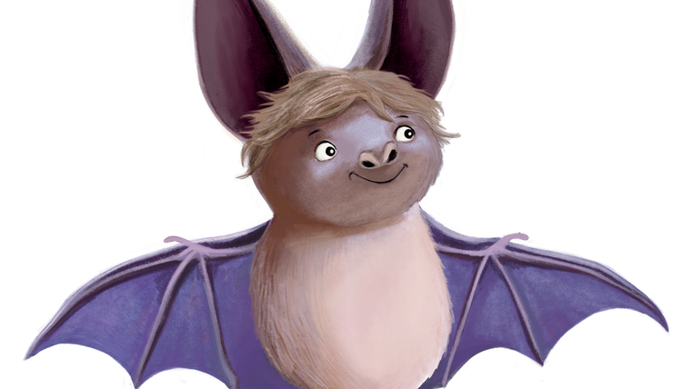 <p>A small friendly-looking bat. It has purple wings, which it extends to the sides, blonde hair, and large ears.</p>