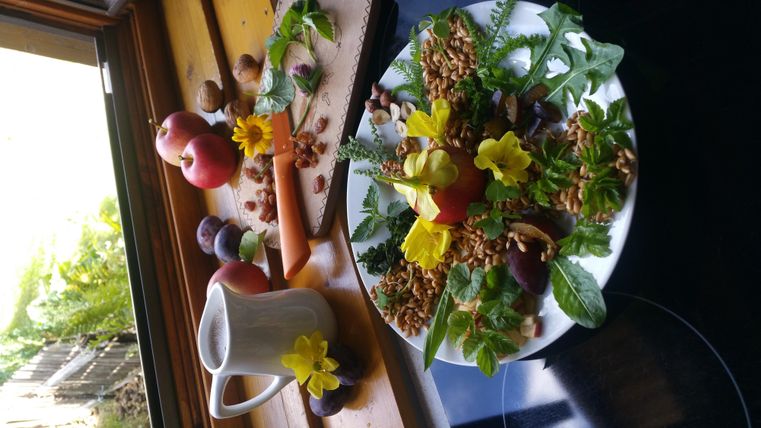 Ein schöner, bunter Salat mit Kräutern, Nüssen und essbaren Blumen. Neben dem Salat liegen frisches Obst und eine kleine Kanne.