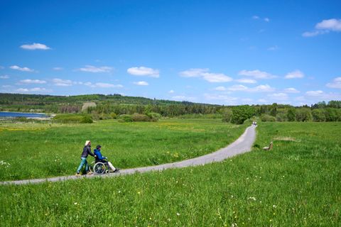Eine Frau schiebt einen Mann im Rollstuhl auf einem geteerten Weg zwischen zwei großen Wiesen