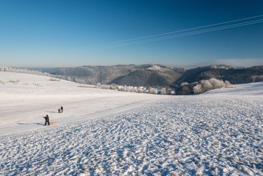 Verschneite Eifel-Landschaft mit zwei Schlittenfahrern