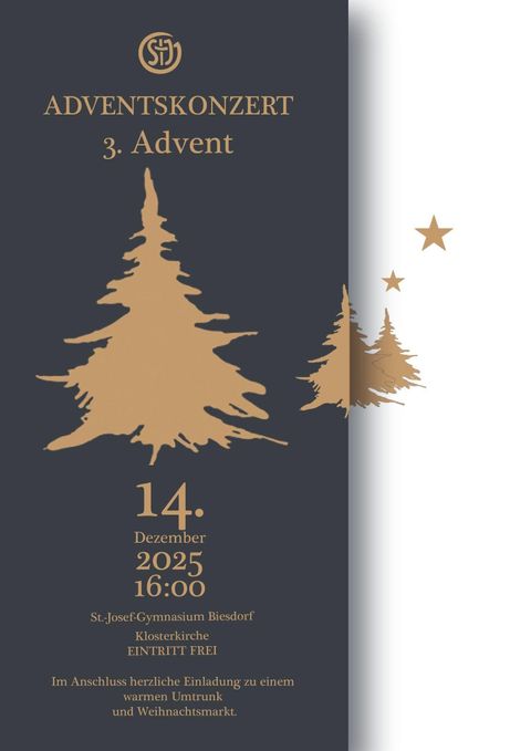 A Christmas poster for an Advent concert. It features a stylized Christmas tree on a red background with information about the event.