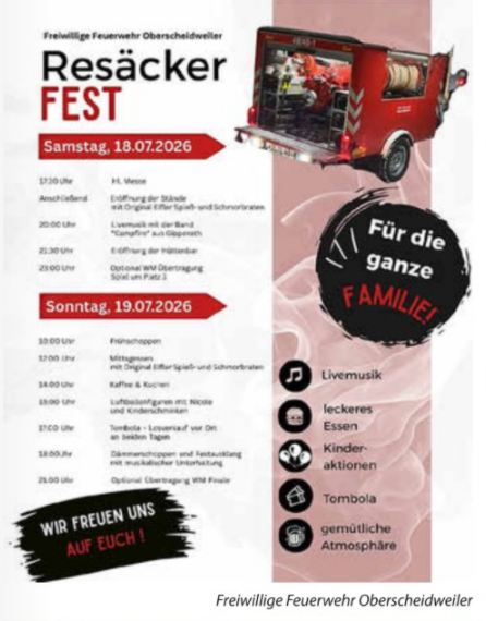 Une affiche pour le festival Resäcker des sapeurs-pompiers volontaires d'Oberschweidweiler. Elle présente le programme pour samedi et dimanche avec de la musique live, de la nourriture et des activités familiales.