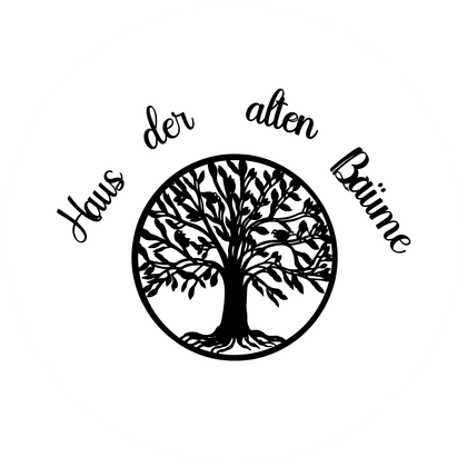 A black tree design in a round frame. Surrounding it is the text "House of Old Trees".