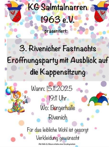 Ein buntes Plakat für die 3. Rivenicher Fastnachts Eröffnungsparty. Die Veranstaltung findet am 15. November 2025 in der Bürgerhalle Rivenich statt.