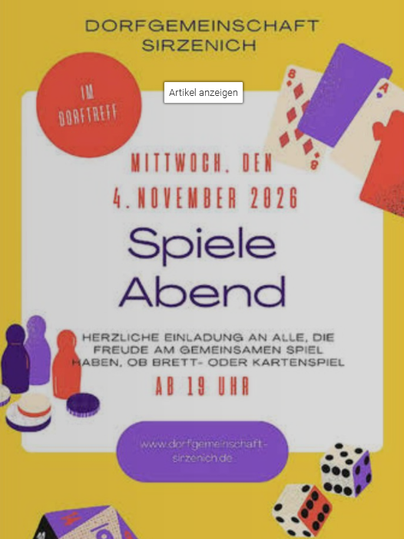 Einladungs-Poster für einen Spieleabend. Es zeigt verschiedene Spiele und Details zur Veranstaltung am 11. Februar 2026.