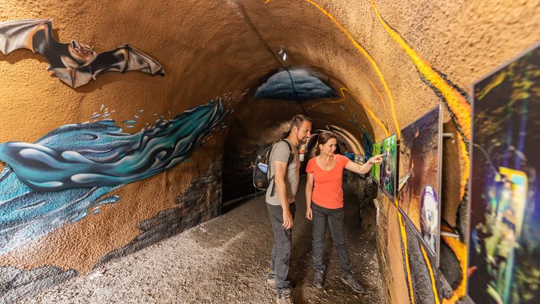 Ein Mann und eine Frau vor zahlreichen bunten Abbildungen in einem Stollen