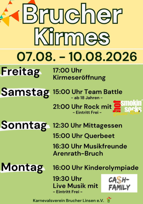 Une affiche publicitaire pour la Kirmes de Brucher, qui se déroule du 08 au 11 août 2025. Elle présente les événements et horaires pour chaque jour, y compris l'ouverture et diverses activités.
